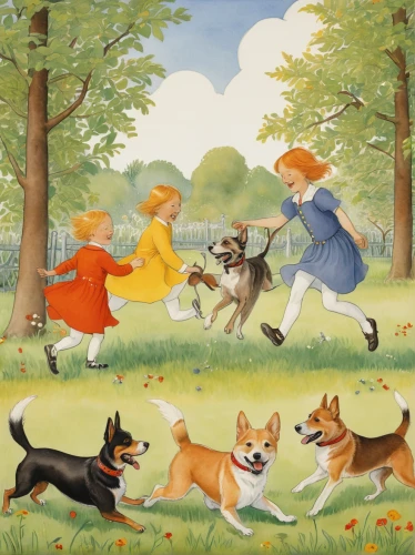 fox hunting,corgis,kennel club,playing dogs,hunting dogs,dog school,animals hunting,the pembroke welsh corgi,dog running,dog playing,flying dogs,hunting scene,foxes,dog illustration,playing puppies,kate greenaway,dog race,happy children playing in the forest,welsh corgi pembroke,color dogs,Illustration,Realistic Fantasy,Realistic Fantasy 31