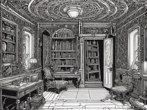 ornate room,study room,reading room,abandoned room,celsus library,bookshelves,old library,victorian style,interiors,victorian,book illustration,empty interior,dandelion hall,armoire,bookcase,apothecary,cabinetry,danish room,doll's house,consulting room,Illustration,American Style,American Style 01