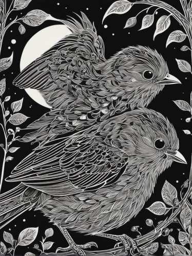 songbirds,bird robins,bird illustration,line art birds,flower and bird illustration,brewer's blackbird,starlings,blackbirds,robins in a winter garden,garden birds,sparrows,nocturnal bird,woodcut,bird couple,night bird,sparrows family,bird pattern,crows,birds on branch,society finches,Illustration,Black and White,Black and White 21