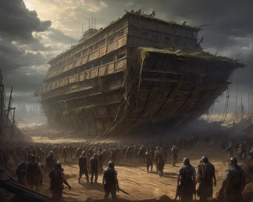 ship wreck,very large floating structure,concrete ship,the wreck of the ship,ghost ship,shipwreck,noah's ark,ironclad warship,the ark,airships,carrack,boat wreck,pirate ship,old ship,airship,factory ship,ship of the line,ship yard,rotten boat,trireme,Conceptual Art,Fantasy,Fantasy 13