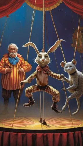circus show,circus animal,puppet theatre,circus,ballet don quijote,cirque du soleil,circus aeruginosus,puppeteer,marionette,cirque,string puppet,circus stage,rabbit family,whimsical animals,rabbits and hares,circus tent,rabbits,anthropomorphized animals,puppets,alice in wonderland,Conceptual Art,Sci-Fi,Sci-Fi 15