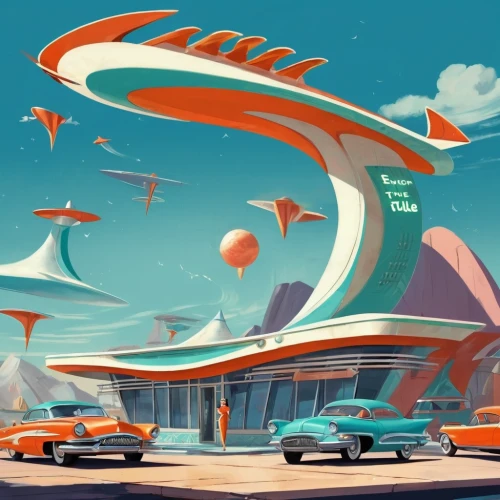 retro diner,atomic age,futuristic landscape,drive in restaurant,futuristic architecture,futuristic art museum,flying saucer,tail fins,car dealership,abstract retro,fifties,futuristic car,electric gas station,sci fiction illustration,edsel,car hop,teacups,holiday motel,mid century modern,retro automobile,Illustration,Retro,Retro 12