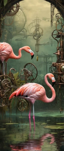 flamingos,flamingoes,pink flamingos,cuba flamingos,flamingo couple,two flamingo,pink flamingo,greater flamingo,flamingo,fantasy landscape,fantasy art,fantasy picture,swampy landscape,artificial island,bird kingdom,3d fantasy,water birds,harbor cranes,wetlands,whimsical animals,Conceptual Art,Fantasy,Fantasy 25