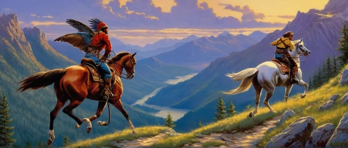 guards of the canyon,western riding,horse riders,horseback,man and horses,buckskin,hunting scene,horse herder,fantasy picture,cavalry,horses,two-horses,heroic fantasy,equines,the spirit of the mountains,horseback riding,beautiful horses,wild horses,fantasy art,horsemen,Illustration,American Style,American Style 07