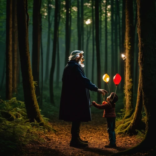 conceptual photography,photo manipulation,little girl with balloons,photomanipulation,children's fairy tale,tree torch,juggling,photoshop manipulation,a fairy tale,happy children playing in the forest,fantasy picture,father with child,pied piper,drawing with light,digital compositing,magical adventure,magical moment,fairy tale,juggler,wizard,Photography,Artistic Photography,Artistic Photography 10