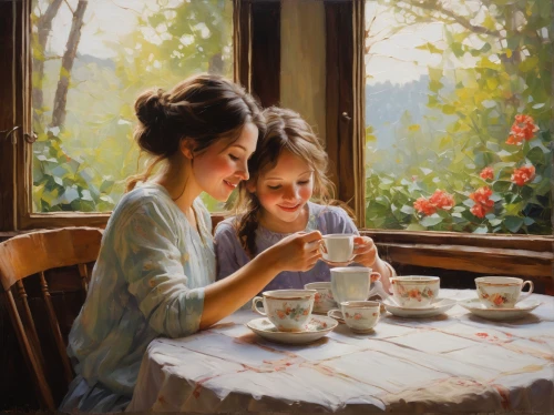 oil painting,woman drinking coffee,tea drinking,afternoon tea,teatime,oil painting on canvas,tea party,cream tea,tea time,young couple,young women,breakfast table,women at cafe,tearoom,holding cup,spring morning,little girl and mother,girl with cereal bowl,drinking coffee,café au lait,Conceptual Art,Oil color,Oil Color 05