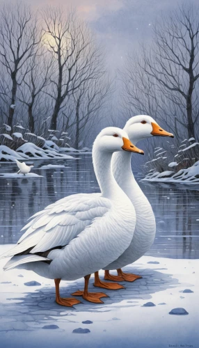 snow goose,larus,swan pair,swan lake,swan boat,winter animals,tundra swan,waterfowl,arctic birds,water fowl,constellation swan,ornamental duck,trumpeter swan,swan on the lake,winter background,white swan,a pair of geese,gulls,white pelican,duck on the water,Illustration,Realistic Fantasy,Realistic Fantasy 05