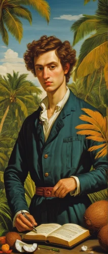 robert duncanson,jamaica,american chestnut,dominica,barbary fig,barbados,breadfruit,robert harbeck,persian poet,nicaragua,west indian gherkin,aegle marmelos,toddy palm,humboldt,holding a coconut,meticulous painting,plantation,norfolk island pine,portrait background,kiwi plantation,Art,Classical Oil Painting,Classical Oil Painting 29