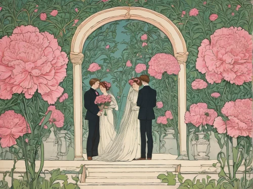 vintage illustration,floral greeting,peonies,wedding frame,wedding couple,wedding flowers,peony frame,way of the roses,florists,vintage couple silhouette,rosebushes,camellias,rose garden,young couple,pink roses,roses frame,wedding photo,art deco frame,the ceremony,pink carnations,Illustration,Retro,Retro 11