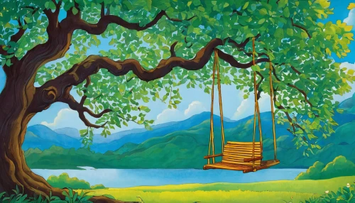 wooden swing,tree with swing,tree swing,empty swing,hanging swing,swing set,garden swing,golden swing,rope swing,hanging chair,swing,swings,swinging,hammock,tree top,tree house,treehouse,zipline,treetop,porch swing,Illustration,Retro,Retro 07