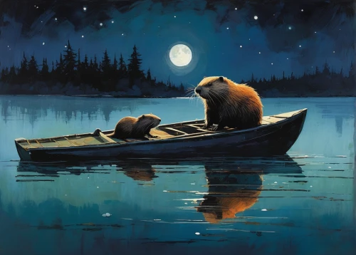 canoeing,night scene,fishing float,romantic scene,romantic night,beavers,otters,moonlit night,sleeping bear,brown bears,bear guardian,night watch,gondola,honeymoon,fishermen,the bears,cuddling bear,stargazing,fisherman,beaver,Illustration,Paper based,Paper Based 05