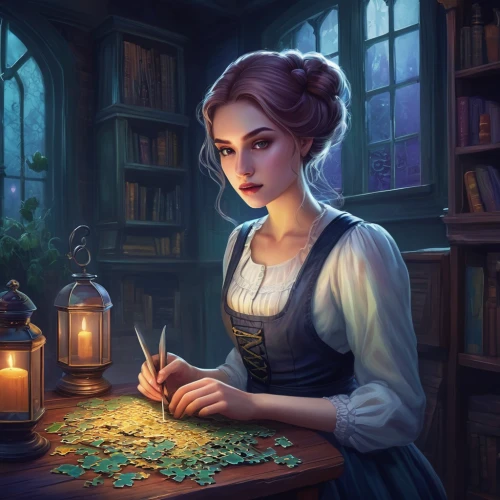 librarian,fantasy portrait,game illustration,candlemaker,romantic portrait,girl studying,victorian lady,apothecary,jane austen,scholar,mystical portrait of a girl,bookworm,tutor,sci fiction illustration,portrait background,fantasy picture,cg artwork,cinderella,victorian,fortune teller,Illustration,Realistic Fantasy,Realistic Fantasy 15