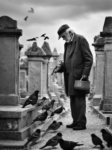 memento mori,murder of crows,life after death,still transience of life,street pigeons,doves and pigeons,pigeons and doves,whitby goth weekend,cemetary,mortality,old age,old graveyard,carrier pigeon,city pigeons,of mourning,child feeding pigeons,street pigeon,elderly man,pigeons,jewish cemetery,Photography,Black and white photography,Black and White Photography 02