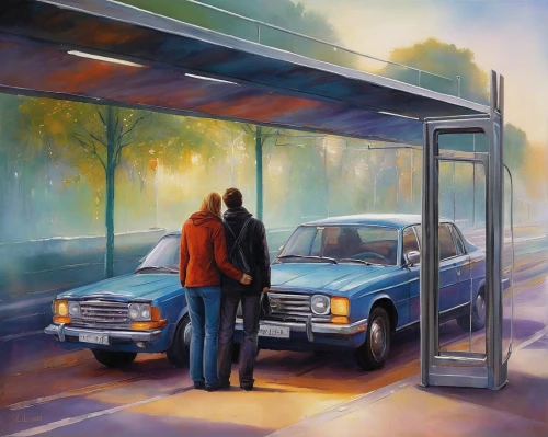 bus stop,gas-station,gas station,petrol pump,oil painting on canvas,busstop,buick century,bus shelters,taxi stand,lincoln town car,car dealer,station wagon-station wagon,car service,romantic scene,gas pump,electric gas station,oil on canvas,oil painting,buick park avenue,austin allegro,Conceptual Art,Daily,Daily 32