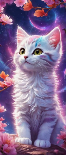 white cat,portrait background,blossom kitten,flower cat,turkish angora,ori-pei,cat vector,cat,aegean cat,calico cat,cat kawaii,cute cat,nyan,cat image,unicorn background,transparent background,american curl,japanese sakura background,breed cat,on a transparent background,Illustration,Realistic Fantasy,Realistic Fantasy 20