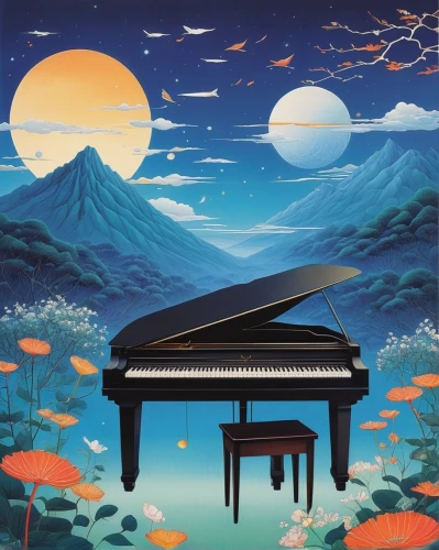 concerto for piano,harpsichord,piano,grand piano,pianet,the piano,play piano,pianist,fortepiano,player piano,pianos,piano keyboard,piano player,yamaha p-120,digital piano,piano notes,musical background,japanese art,spinet,jazz pianist,Illustration,Japanese style,Japanese Style 20