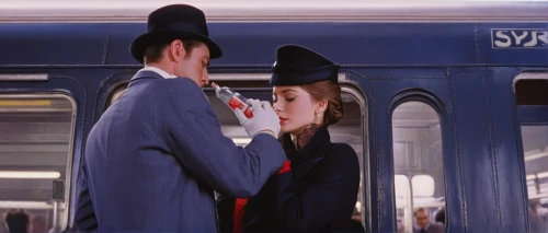 the girl at the station,breakfast at tiffany's,red heart on railway,mary poppins,red and blue heart on railway,spy visual,gone with the wind,romantic scene,red heart medallion on railway,the train,clue and white,maureen o'hara - female,special train,top hat,vintage man and woman,train ride,last train,pompadour,streetcar,express train,Conceptual Art,Daily,Daily 16