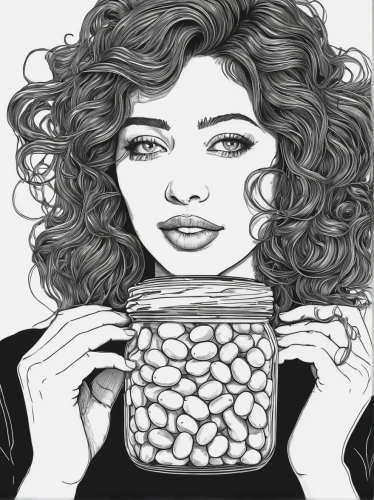 coffee tea illustration,girl with cereal bowl,coffee tea drawing,comic halftone woman,tea art,woman drinking coffee,coloring page,colander,coffee art,illustrator,coloring picture,woman at cafe,brigadeiros,popart,monoline art,peppermint tea,kibbeh,pop art style,coloring pages,jasmine tea,Illustration,Black and White,Black and White 16