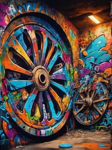 bicycle wheel,graffiti art,artistic cycling,cog wheels,bike pop art,bike colors,wheel,wooden wheel,spokes,old wheel,coffee wheel,graffiti,bikes,painted wall,iron wheels,color wall,car wheels,bicycles,dart board,ship's wheel,Conceptual Art,Graffiti Art,Graffiti Art 09