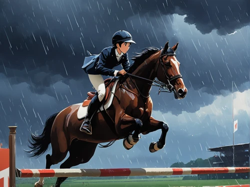 equestrian sport,steeplechase,cross-country equestrianism,endurance riding,equitation,show jumping,brolly,english riding,showjumping,rainstorm,heavy rain,horse racing,monsoon,equestrian vaulting,thunderstorm,hurricane,equestrian,jockey,tent pegging,dressage,Illustration,Japanese style,Japanese Style 14