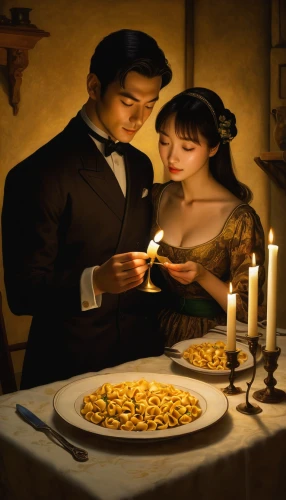 romantic dinner,romantic portrait,romantic scene,candle light dinner,romantic night,golden candlestick,grana padano,fine dining restaurant,orecchiette,cavatelli,viennese cuisine,dinner for two,romantic,online date,candlelights,courtship,macaroni,macaroni and cheese,dowries,romance novel,Illustration,Realistic Fantasy,Realistic Fantasy 08