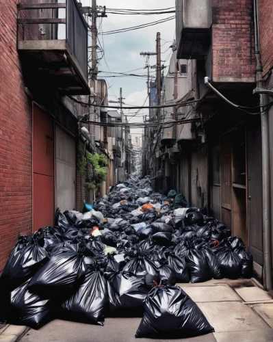 trash dump,garbage lot,garbage collector,trash land,plastic waste,waste collector,plastic bag,blind alley,residual waste,china town,rubbish collector,alley,recycling world,garbage cans,tire recycling,waste separation,street cleaning,alleyway,litter,waste containment,Illustration,Japanese style,Japanese Style 11