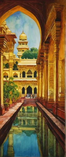 golden temple,indian art,water palace,jaipur,rajasthan,asian architecture,hall of supreme harmony,marble palace,oil painting on canvas,orientalism,oil painting,india,by chaitanya k,bada bagh,art painting,oriental painting,jaisalmer,karnataka,forbidden palace,agra,Illustration,Paper based,Paper Based 18