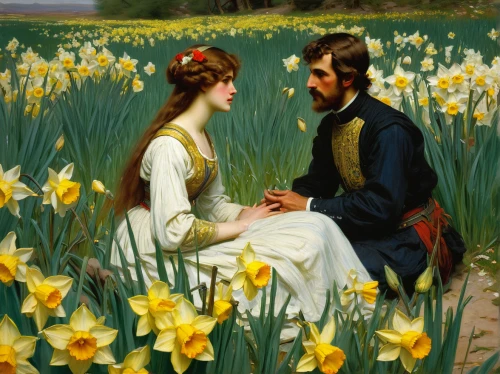 daffodils,daffodil field,jonquils,young couple,yellow daffodils,courtship,flowers of the field,jonquil,lilly of the valley,idyll,romantic scene,lily of the field,narcissus,narcissus of the poets,field of flowers,daffodil,flowers field,romantic portrait,lilies of the valley,picking flowers,Art,Classical Oil Painting,Classical Oil Painting 42