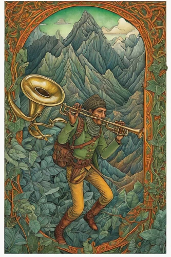 bodhrán,khokhloma painting,mountain guide,the spirit of the mountains,the wanderer,ranger,pilgrim,trumpet climber,cauldron,forest workers,pachamama,adventurer,copper frame,bansuri,the pied piper of hamelin,winemaker,the flute,machu,mountain spirit,rigi,Illustration,Realistic Fantasy,Realistic Fantasy 41