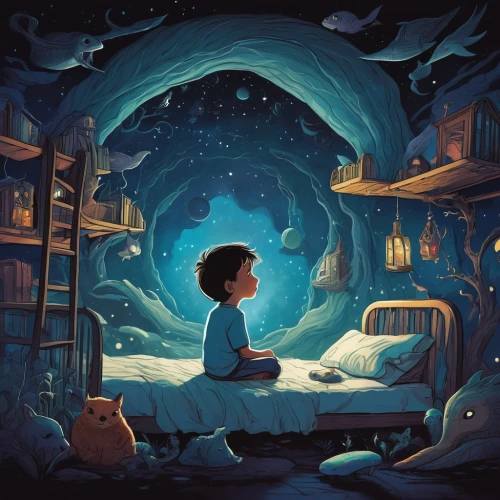 sci fiction illustration,dream world,the little girl's room,kids illustration,children's background,blue room,astronomer,magical adventure,inner child,child with a book,playing room,children's room,kids room,world digital painting,little girl reading,boy's room picture,studio ghibli,a collection of short stories for children,children's fairy tale,dreamland,Conceptual Art,Fantasy,Fantasy 09