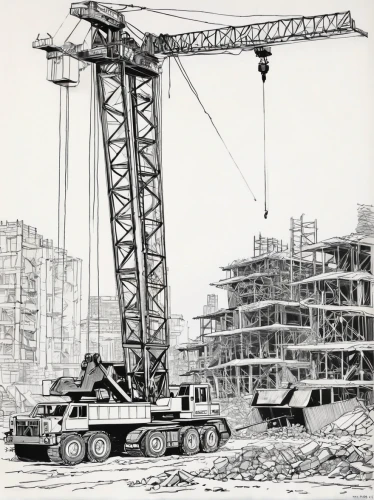 constructions,year of construction 1954 – 1962,building construction,year of construction 1972-1980,the large crane,heavy construction,constructing,steel construction,iron construction,construction machine,construction,mega crane,two-way excavator,excavators,construction site,crane boom,loading crane,concrete construction,construction equipment,excavator,Illustration,Black and White,Black and White 10