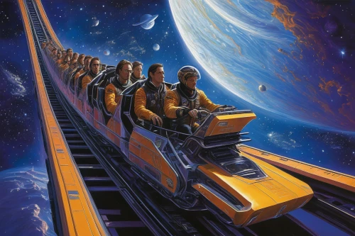 sky train,galaxy express,satellite express,space tourism,shuttle,space voyage,amusement ride,roller coaster,space travel,sci fiction illustration,train of thought,ghost train,long-distance train,amusement park,space shuttle columbia,children's ride,descent,astronomers,travelers,monorail,Illustration,Realistic Fantasy,Realistic Fantasy 03