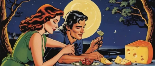 romantic dinner,retro 1950's clip art,honeymoon,romantic night,vintage illustration,woman eating apple,woman holding pie,cheese plate,emmental cheese,valentine day's pin up,dinner for two,romance novel,tarot cards,grana padano,gouda cheese,romantic scene,cooking book cover,fairy tales,mimolette cheese,fortune telling,Illustration,American Style,American Style 05