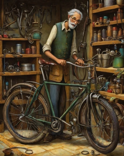 bicycle mechanic,craftsman,bicycles--equipment and supplies,peddler,bicycle clothing,shoemaker,mechanic,bicycle,watchmaker,artistic cycling,shoe repair,old bike,woodworker,bicycles,bicycle part,meticulous painting,bicycle shoe,bycicle,a carpenter,geppetto,Illustration,Abstract Fantasy,Abstract Fantasy 09