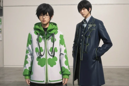 anime japanese clothing,clover jackets,partnerlook,green jacket,coat color,imperial coat,fashionable clothes,yuzu,stand models,coat,green sail black,anime 3d,suit of spades,high-visibility clothing,man's fashion,boys fashion,police uniforms,fashion models,national parka,overcoat,Illustration,Japanese style,Japanese Style 10