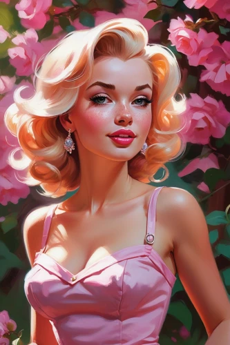 pink magnolia,magnolia blossom,dahlia pink,magnolias,valentine pin up,valentine day's pin up,pink roses,peony pink,retro pin up girl,magnolia,peach rose,magnolia flowers,pink lady,pin-up girl,pink dahlias,retro pin up girls,camellias,marylyn monroe - female,marilyn monroe,pin up girl,Conceptual Art,Oil color,Oil Color 04