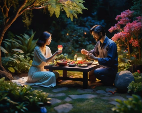 romantic scene,romantic dinner,garden of eden,dinner for two,romantic night,honeymoon,candle light dinner,flower painting,tea ceremony,rou jia mo,outdoor dining,oil painting on canvas,night-blooming jasmine,oil painting,nước chấm,romantic portrait,in the garden,chinese art,sake gardens,outdoor table,Photography,Artistic Photography,Artistic Photography 02