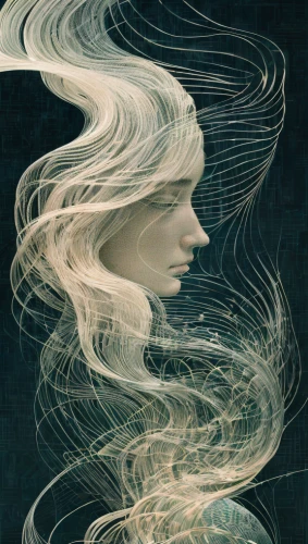 swirling,mystical portrait of a girl,wind wave,the wind from the sea,sci fiction illustration,whirlwind,siren,wind machine,adrift,winds,weightless,apophysis,divination,astral traveler,the enchantress,spiralling,wind,jellyfish collage,flying seeds,meridians