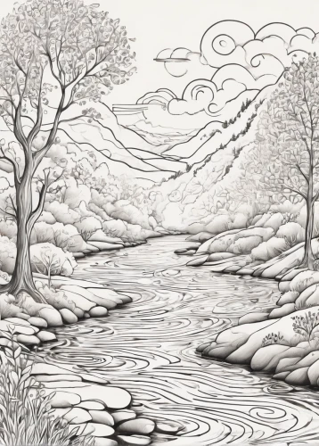 brook landscape,flowing creek,river landscape,swampy landscape,meanders,watercourse,water courses,meander,stream bed,a river,salt meadow landscape,flowing water,braided river,water scape,streams,the brook,mountain stream,mountain spring,cool woodblock images,water flow,Illustration,Black and White,Black and White 05