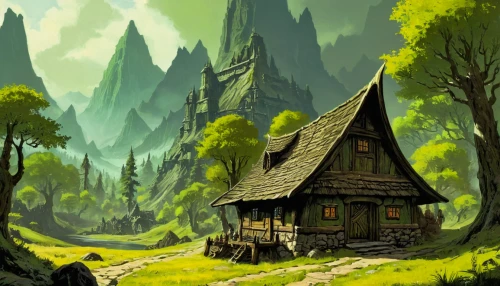 house in the forest,mountain settlement,mountain village,fairy village,witch's house,cartoon video game background,home landscape,house in mountains,druid grove,fairy house,ancient house,wooden houses,log cabin,house in the mountains,little house,alpine village,fantasy landscape,wooden hut,devilwood,aurora village,Conceptual Art,Fantasy,Fantasy 04