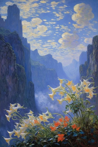 lilies of the valley,meteora,cape marguerites,splendor of flowers,cape marguerite,still life of spring,lilly of the valley,sea of flowers,flower field,fiori,spring morning,field of flowers,lilies,falling flowers,mountain scene,landscape,high landscape,idyll,flora,blanket of flowers,Art,Artistic Painting,Artistic Painting 04