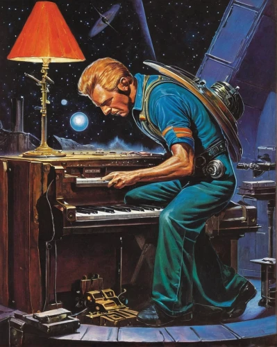 astronomer,man with a computer,synthesizers,keyboard player,piano player,astronomers,synclavier,synthesizer,electric piano,pianist,moog,pioneer 10,pianet,astronautics,organist,science fiction,lost in space,ganymede,space voyage,repairman,Conceptual Art,Sci-Fi,Sci-Fi 20