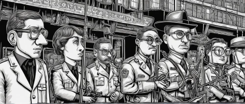 straw hats,seven citizens of the country,comic style,concentration camp,mexican revolution,panopticon,workhouse,crowds,moscow watchdog,mafia,the army,white-collar worker,deadwood,workforce,onlookers,audience,newspapers,cells,clones,crowded,Illustration,Black and White,Black and White 14