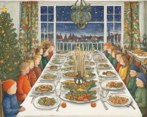 holiday table,christmas table,christmas menu,christmas dinner,christmas scene,long table,nordic christmas,thanksgiving table,christmas circle,the occasion of christmas,christmas motif,food table,modern christmas card,vintage christmas,children's christmas,christmas food,leittafel,thanksgiving veggies,placemat,dining room,Illustration,Realistic Fantasy,Realistic Fantasy 31