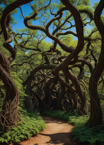 crooked forest,old-growth forest,cartoon forest,the roots of trees,enchanted forest,druid grove,tree grove,oak tree,western yew,old gnarled oak,tree of life,gnarled,elven forest,tree canopy,two oaks,celtic tree,oak,rosewood tree,forest path,forest road,Illustration,Children,Children 05