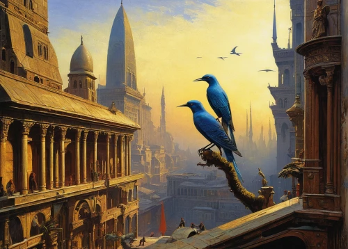 the pied piper of hamelin,heroic fantasy,pigeon flight,city pigeon,elves flight,flying birds,sci fiction illustration,city pigeons,hamelin,fantasy art,bird flight,harp of falcon eastern,gargoyles,fantasy picture,hogwarts,prejmer,airships,birds in flight,airship,saint mark,Art,Classical Oil Painting,Classical Oil Painting 42