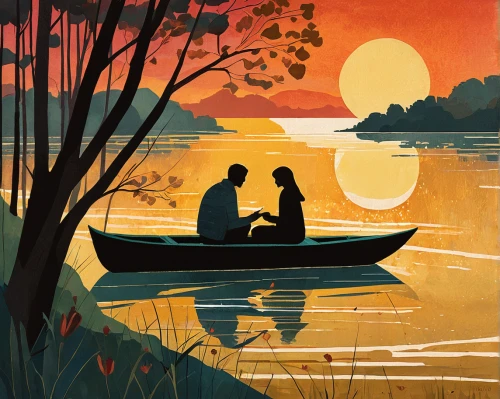 vintage couple silhouette,romantic scene,loving couple sunrise,boat landscape,couple silhouette,idyll,picnic boat,honeymoon,evening lake,travel poster,canoeing,young couple,lakeside,paddle boat,canoe,fishing float,rowboat,row boat,rowboats,backwaters,Illustration,Vector,Vector 08