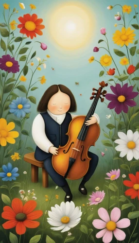 bach flower therapy,classical guitar,johannes brahms,violin player,musician,bach flowers,serenade,bard,woman playing violin,woman playing,flower painting,folk music,violin woman,girl in flowers,playing the violin,springtime background,art bard,dulcimer,girl picking flowers,string instrument,Illustration,Abstract Fantasy,Abstract Fantasy 22