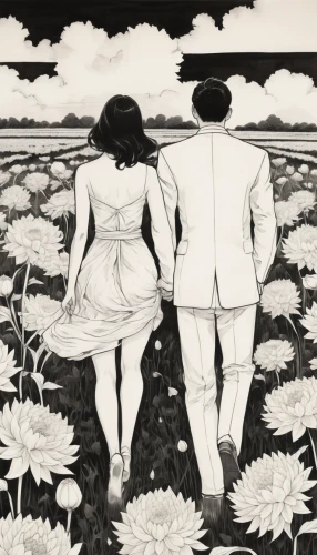 vintage couple silhouette,cosmos field,honeymoon,vintage man and woman,young couple,as a couple,secret garden of venus,man and woman,two people,white cosmos,garden cosmos,roaring twenties couple,couple,marsh marigolds,blooming field,field of flowers,vintage illustration,man and wife,adam and eve,cosmos flowers,Illustration,Paper based,Paper Based 30