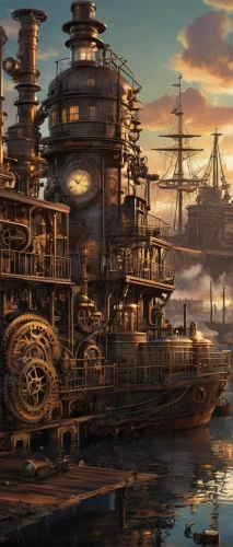 steampunk,steampunk gears,sea fantasy,factory ship,industrial landscape,naval architecture,oil platform,docks,shipyard,galleon ship,ship yard,steam frigate,harbor,carrack,galleon,old ships,docked,very large floating structure,pre-dreadnought battleship,heavy water factory,Conceptual Art,Fantasy,Fantasy 25
